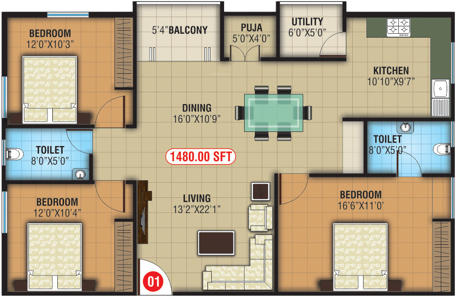 NCN Diamond (3BHK+2T (1,480 sq ft) Pooja Room 1480 sq ft)