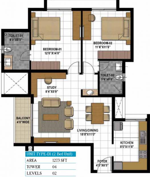 Prestige Hillside Gateway (2BHK+2T (1,273 sq ft) 1273 sq ft)