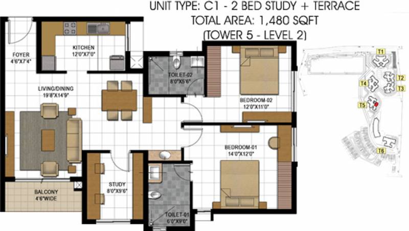 Prestige Hillside Gateway (2BHK+2T (1,480 sq ft) + Study Room 1480 sq ft)