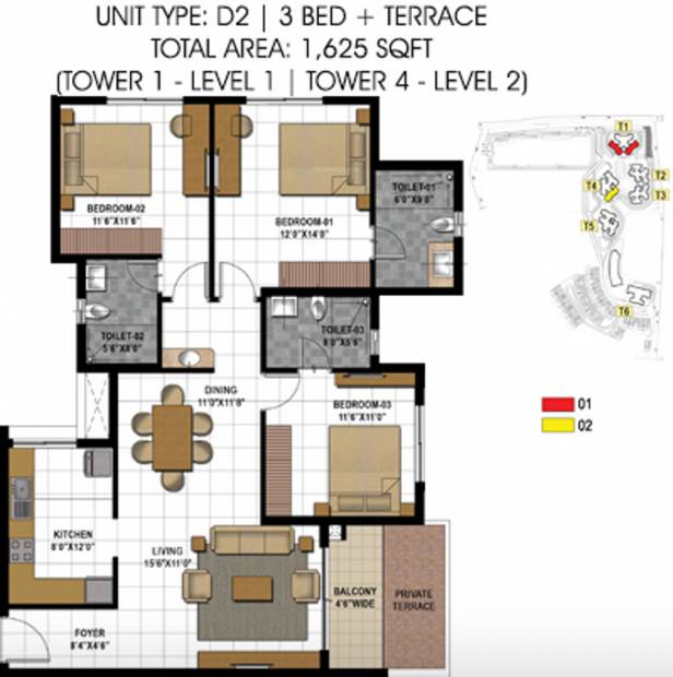 Prestige Hillside Gateway (3BHK+3T (1,625 sq ft) 1625 sq ft)