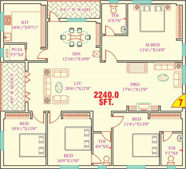Garuda Constructions Crest Floor Plan (4BHK+3T (2,240 sq ft) + Pooja Room 2240 sq ft)