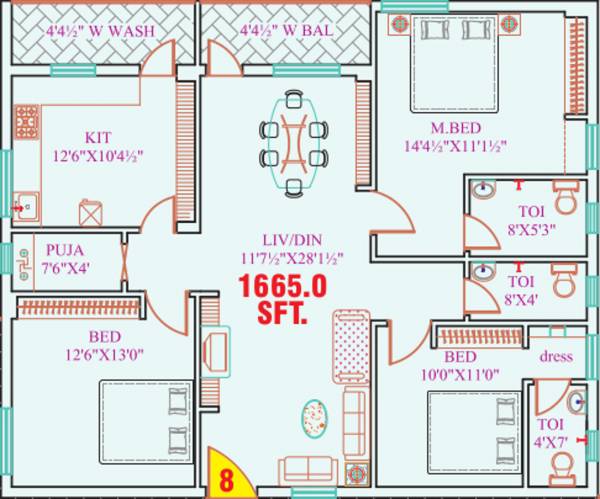Garuda Constructions Crest Floor Plan (3BHK+3T (1,665 sq ft) + Pooja Room 1665 sq ft)