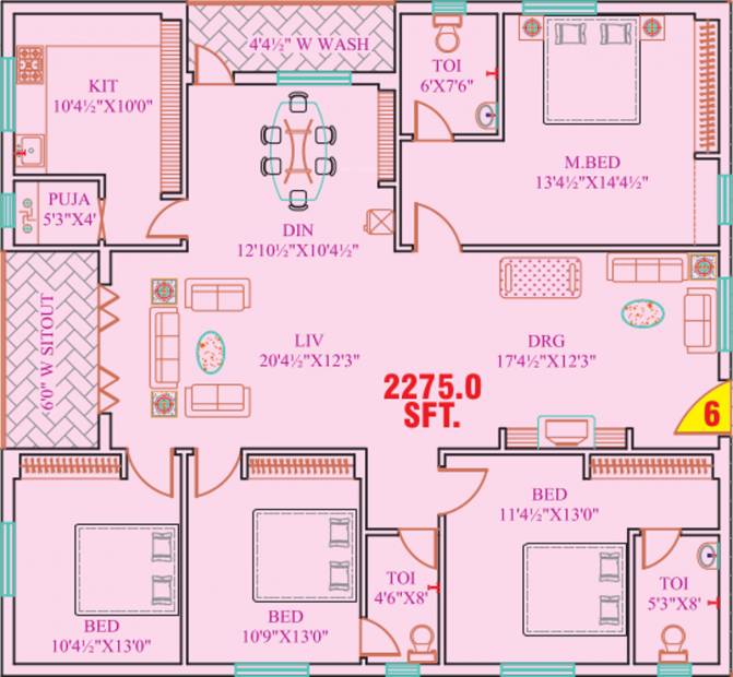 Garuda Constructions Crest Floor Plan (4BHK+3T (2,275 sq ft) + Pooja Room 2275 sq ft)