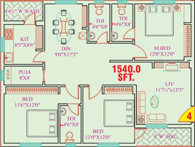 Garuda Constructions Crest Floor Plan (3BHK+3T (1,540 sq ft) + Pooja Room 1540 sq ft)