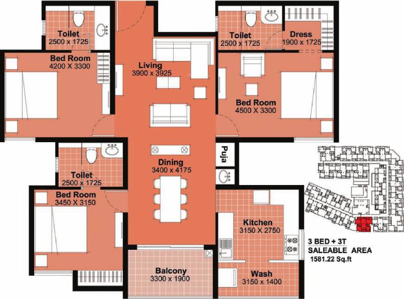 Tulive Viha (3BHK+3T (1,581 sq ft)   Pooja Room 1581 sq ft)