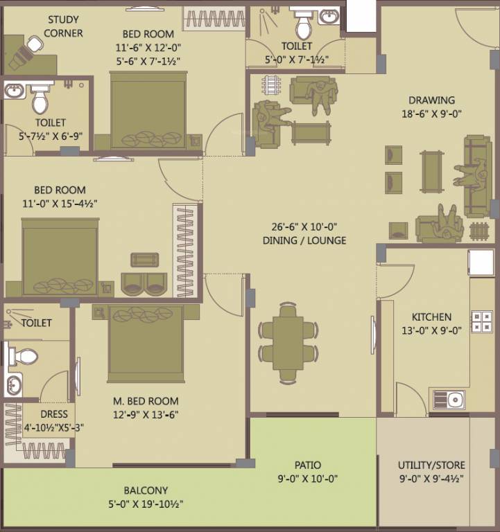 Living The Royal Saket (3BHK+3T (2,126 sq ft) + Study Room 2126 sq ft)