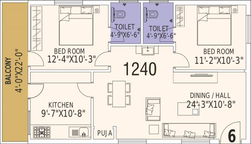 SKS Royal Meadows (2BHK+2T (1,240 sq ft) 1240 sq ft)