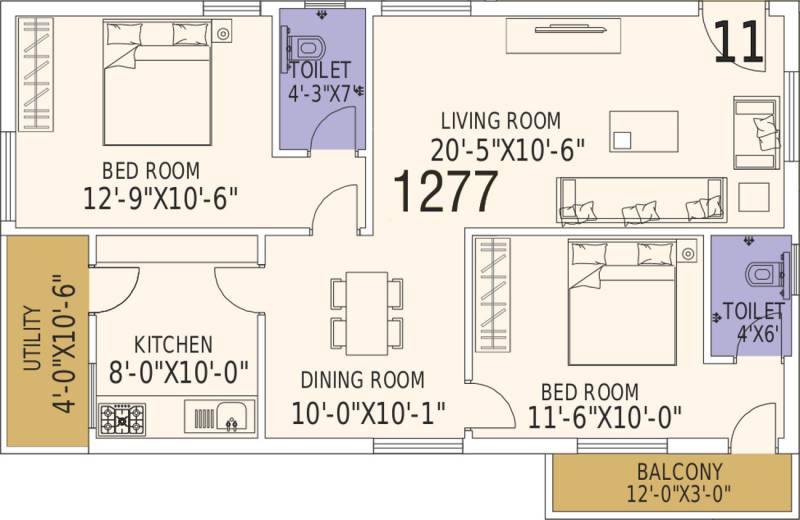 SKS Royal Meadows (2BHK+2T (1,277 sq ft) 1277 sq ft)