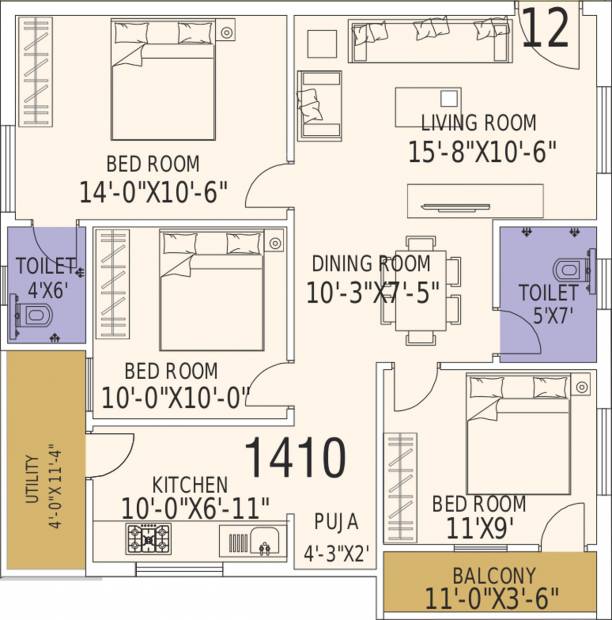 SKS Royal Meadows (3BHK+2T (1,410 sq ft) 1410 sq ft)