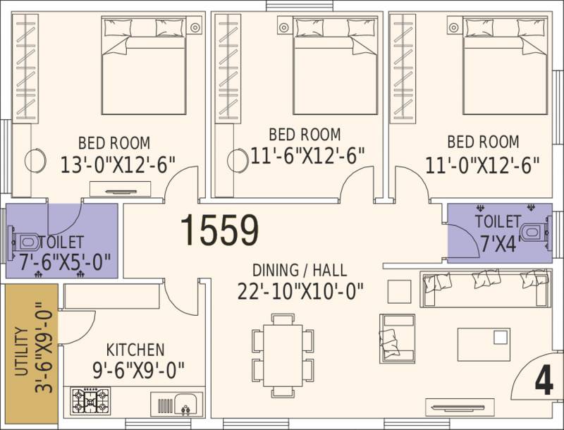 SKS Royal Meadows (3BHK+2T (1,559 sq ft) 1559 sq ft)