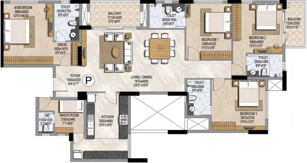 Prestige Misty Waters (4BHK+4T (2,476 sq ft) + Servant Room 2476 sq ft)