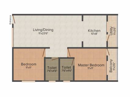 966 sq ft 2 BHK Floor Plan Image - Perfect Builders Pristine