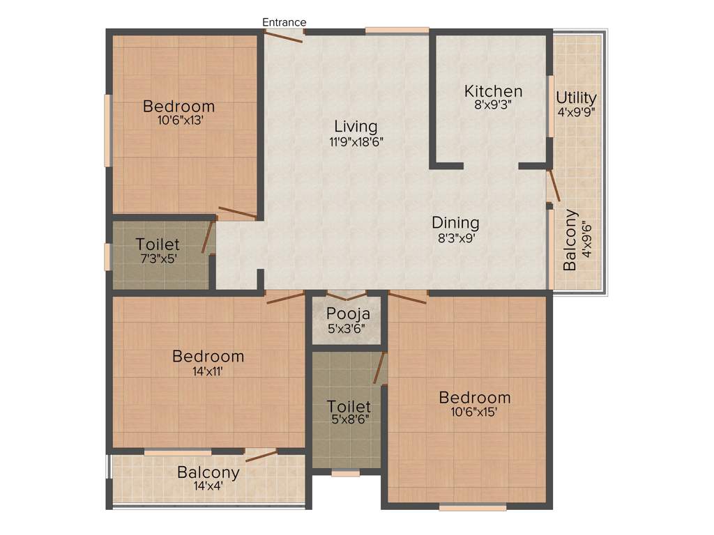 Brahma Cyprus Oak (3BHK+3T (1,435 sq ft) 1435 sq ft)