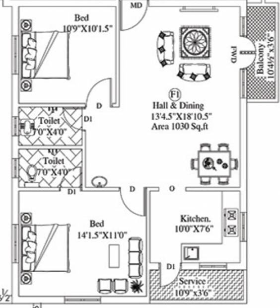 Smart Homes Sri Saravana (2BHK+2T (1,030 sq ft) 1030 sq ft)