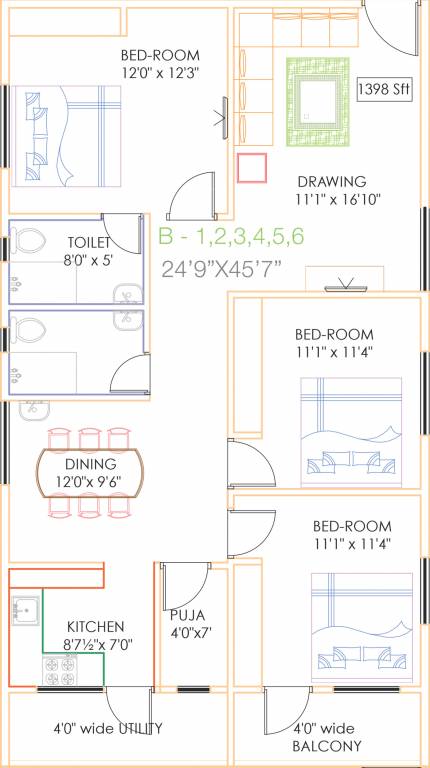 Sri Signature (3BHK+2T (1,398 sq ft) + Pooja Room 1398 sq ft)