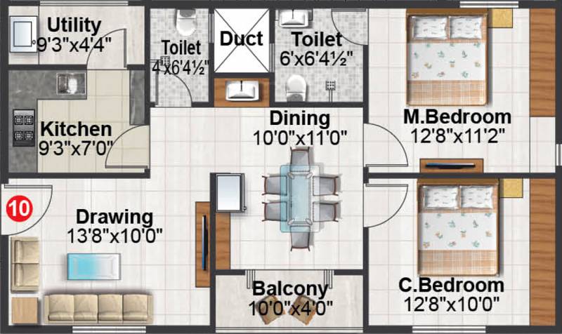 MDVR Byrathi Residency (2BHK+2T (1,040 sq ft) 1040 sq ft)