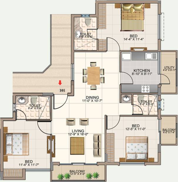 Aswan The Courtyard Square (3BHK+3T (1,535 sq ft) 1535 sq ft)
