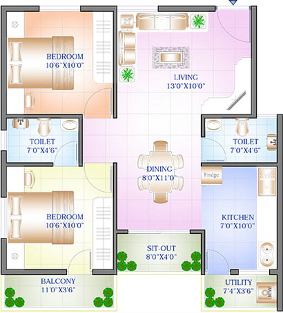 Sowparnika Purple Rose (2BHK+2T (973 sq ft) 973 sq ft)