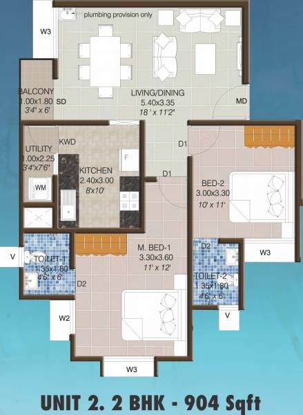 Confident Vega III (2BHK+2T (904 sq ft) 904 sq ft)