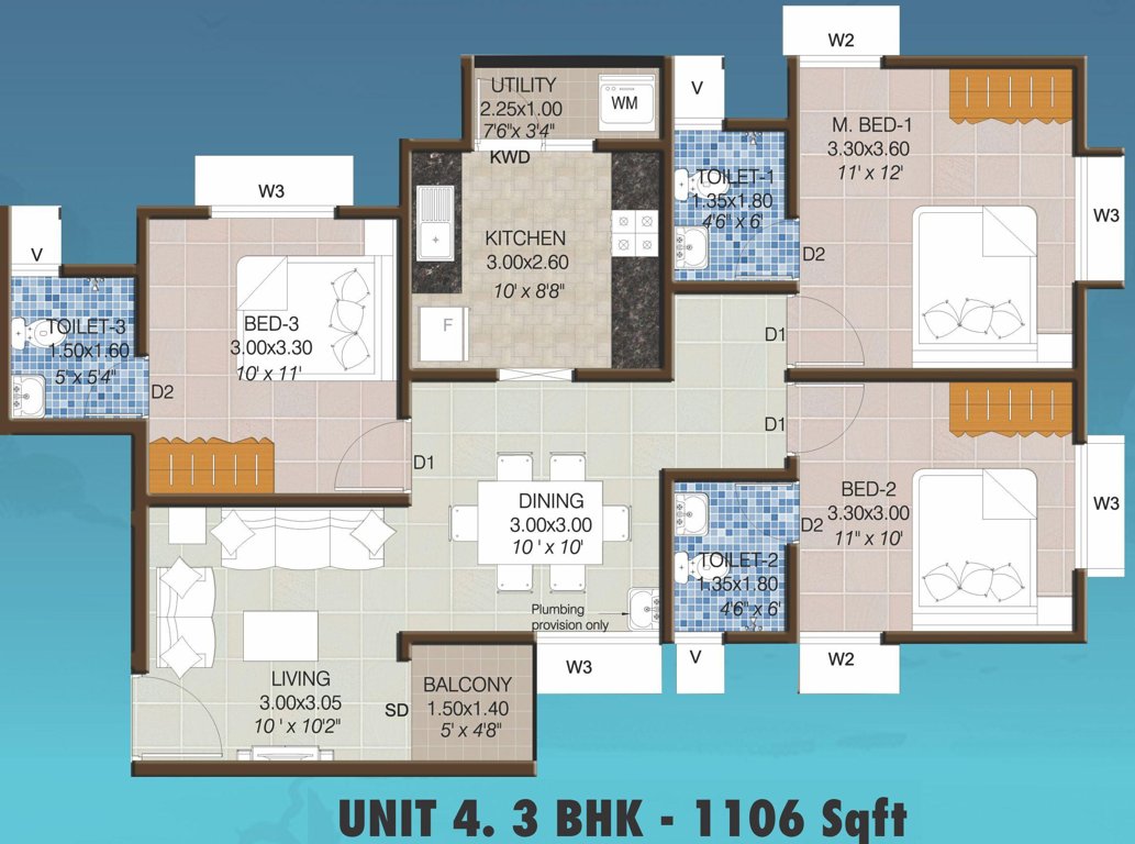 Confident Vega III (3BHK+3T (1,106 sq ft) 1106 sq ft)