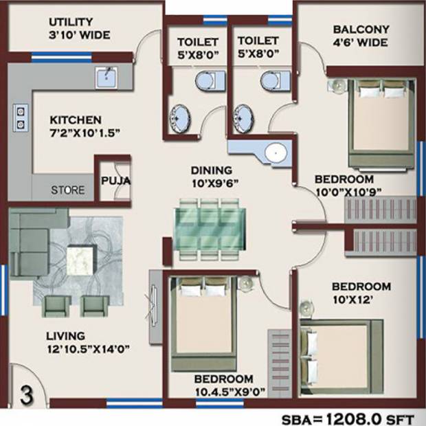 Midmac Elegant (3BHK+2T (1,208 sq ft) + Pooja Room 1208 sq ft)