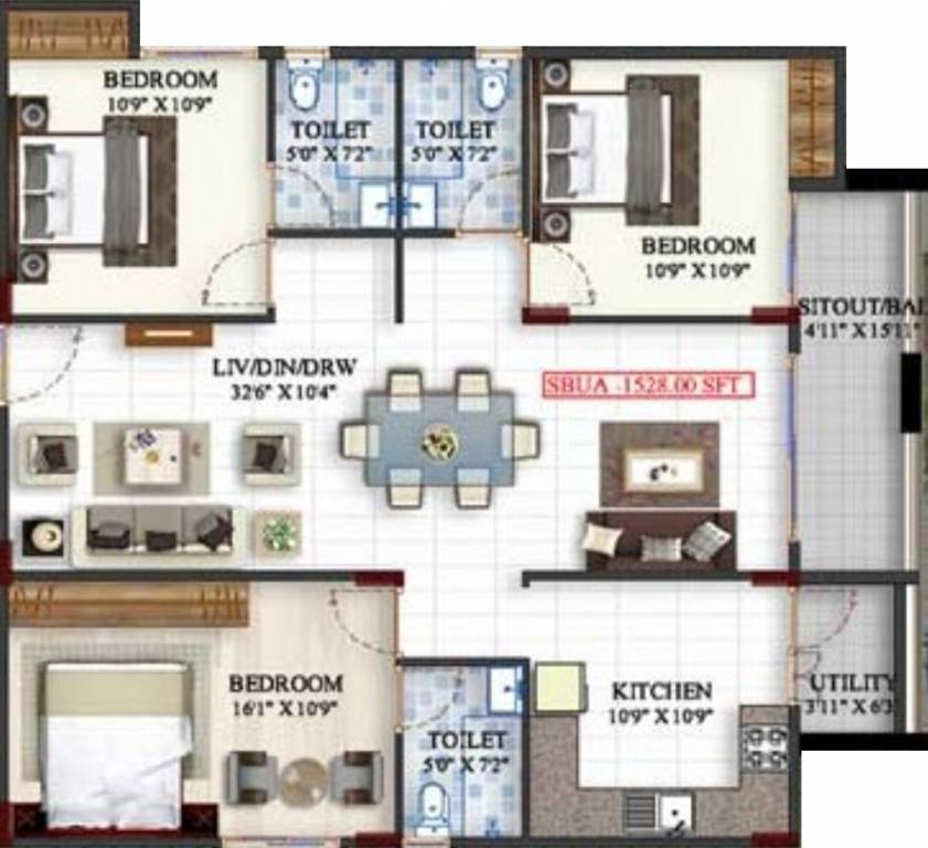 Mahaveer Meridian (3BHK+3T (1,528 sq ft) 1528 sq ft)