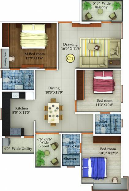 Fortuna Blue Wings (3BHK+3T (1,535 sq ft) 1535 sq ft)