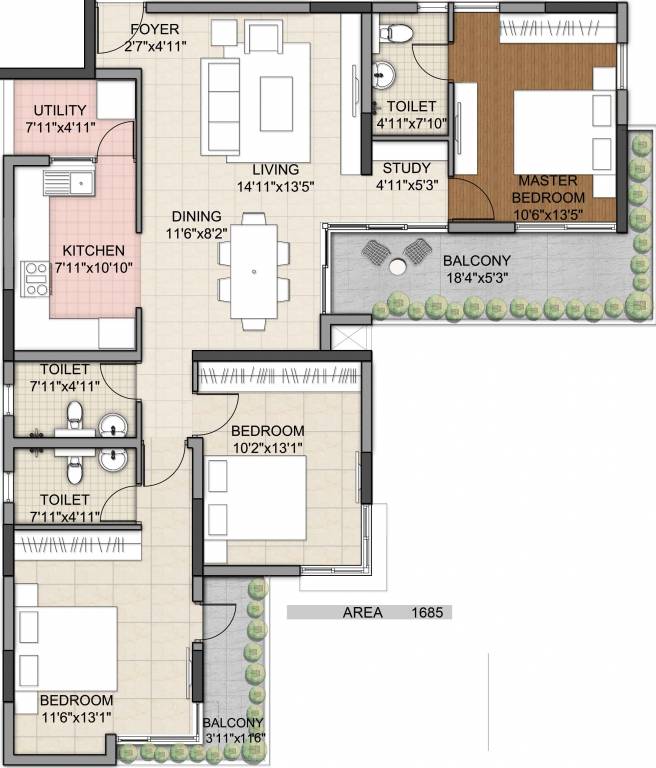 Hoysala Hoysala Ace (3BHK+3T (1,685 sq ft) + Study Room 1685 sq ft)