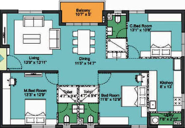 PBEL Pearl At City (3BHK+3T (1,628 sq ft) 1628 sq ft)