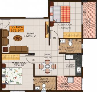 966 sq ft 2 BHK Floor Plan Image - Nu Tech Associates Athreya