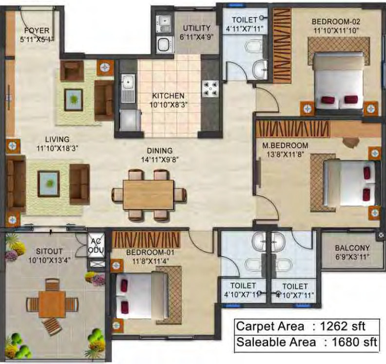 Ozone Urbana Avenue (3BHK+3T (1,680 sq ft) 1680 sq ft)