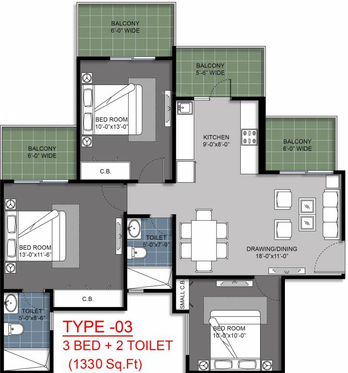 Gulshan Bellina (3BHK+2T (1,330 sq ft) 1330 sq ft)