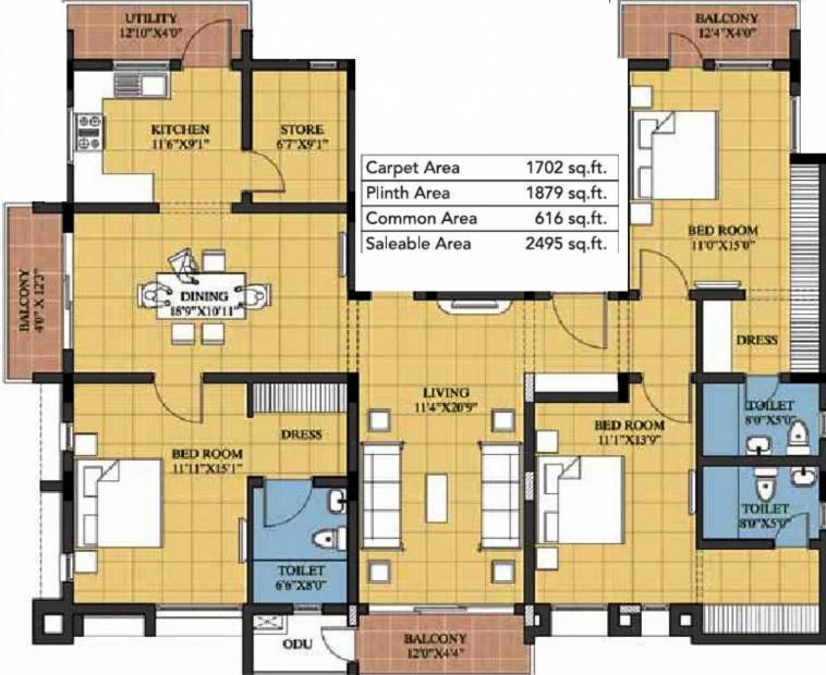 Devinarayan Housing Sree Sarada Nivas Floor Plan (3BHK+3T (2,495 sq ft) 2495 sq ft)