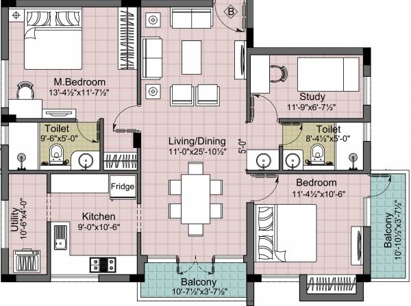 Masterpiece Trevose (2BHK+2T (1,356 sq ft)   Study Room 1356 sq ft)