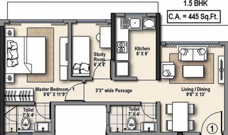 Raheja Ridgewood (1BHK+2T (445 sq ft) + Study Room 445 sq ft)