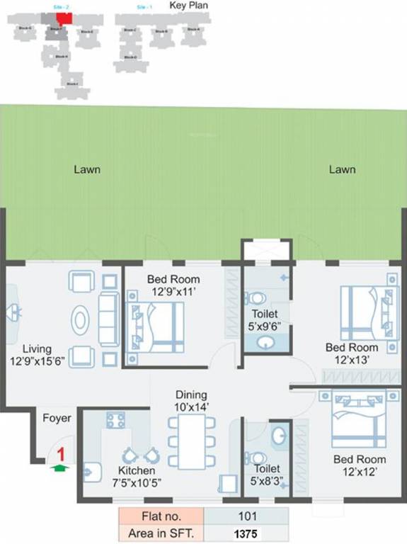 Floor Plan (3BHK+2T (1,375 sq ft) 1375 sq ft) SRK Infra Gardens Floor Plan (3BHK+2T (1,375 sq ft) 1375 sq ft)