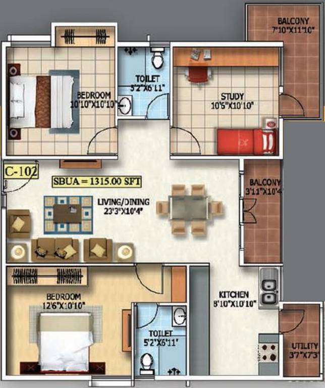SLV Splendour (2BHK+2T (1,315 sq ft)   Study Room 1315 sq ft)