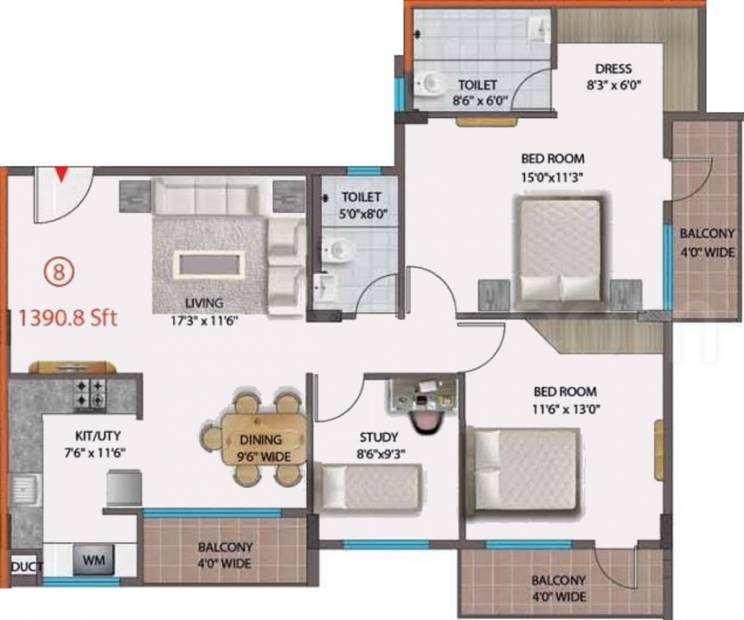 Adithya Group Brindha Residency (2BHK+2T (1,390 sq ft)   Study Room 1390 sq ft)