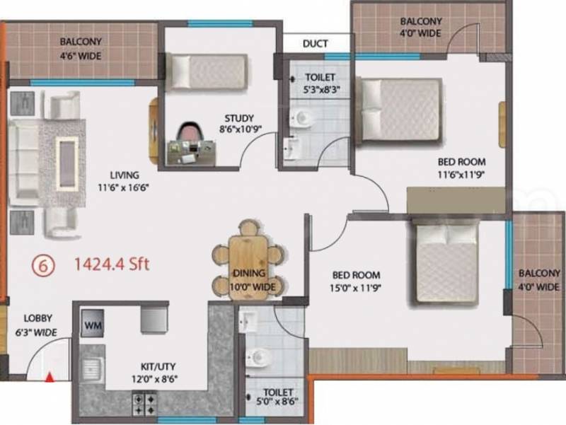 Adithya Group Brindha Residency (2BHK+2T (1,424 sq ft)   Study Room 1424 sq ft)