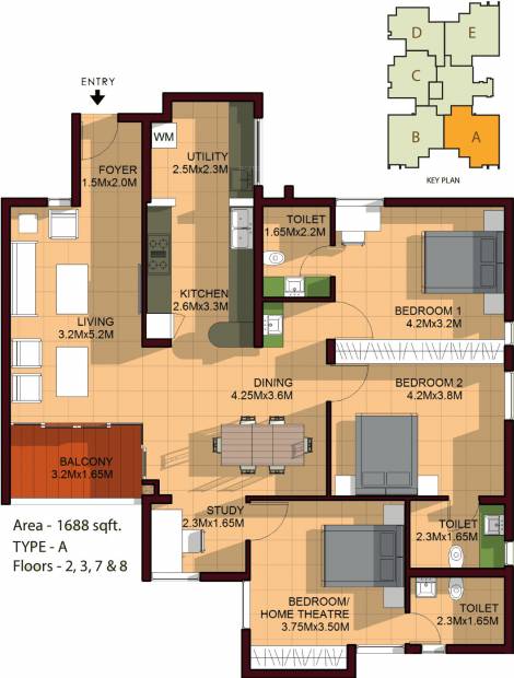 Classic Vintage (3BHK+3T (1,688 sq ft) + Study Room 1688 sq ft)