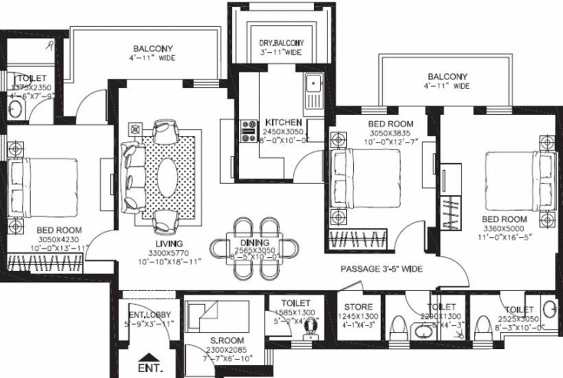 Floor Plan (3BHK+3T (1,845 sq ft) 1845 sq ft) DLF New Town Heights Floor Plan (3BHK+3T (1,845 sq ft) 1845 sq ft)