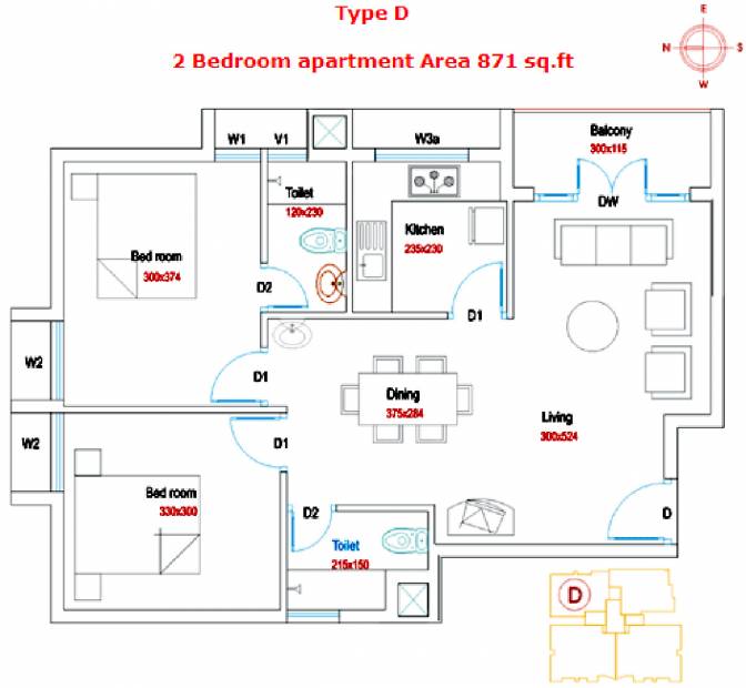 RM Homes Darshan Enclave Floor Plan (2BHK+2T (871 sq ft) 871 sq ft)