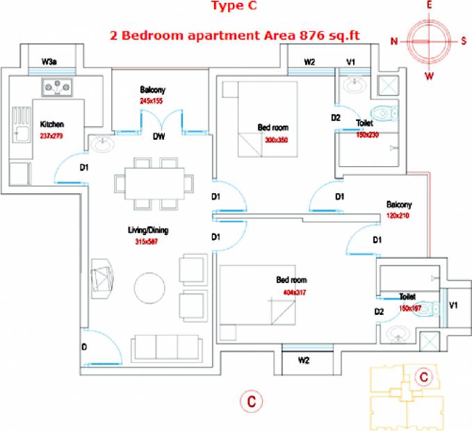 RM Homes Darshan Enclave Floor Plan (2BHK+2T (876 sq ft) 876 sq ft)