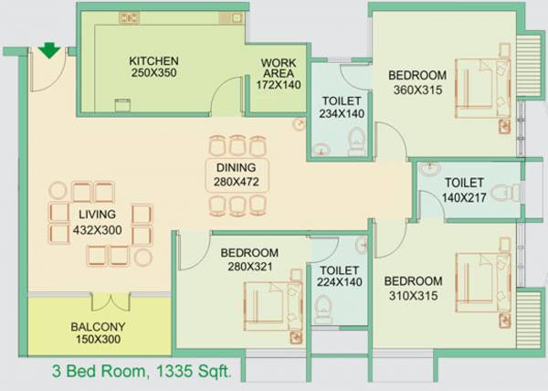Floor Plan (3BHK+3T (1,335 sq ft) 1335 sq ft) Palathra Hill View Emerald Floor Plan (3BHK+3T (1,335 sq ft) 1335 sq ft)