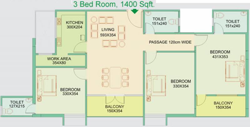 Palathra Hill View Emerald Floor Plan (3BHK+3T (1,400 sq ft) 1400 sq ft)