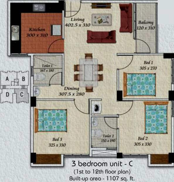 Mansions Gayatri Apartment (3BHK+2T (1,107 sq ft) 1107 sq ft)