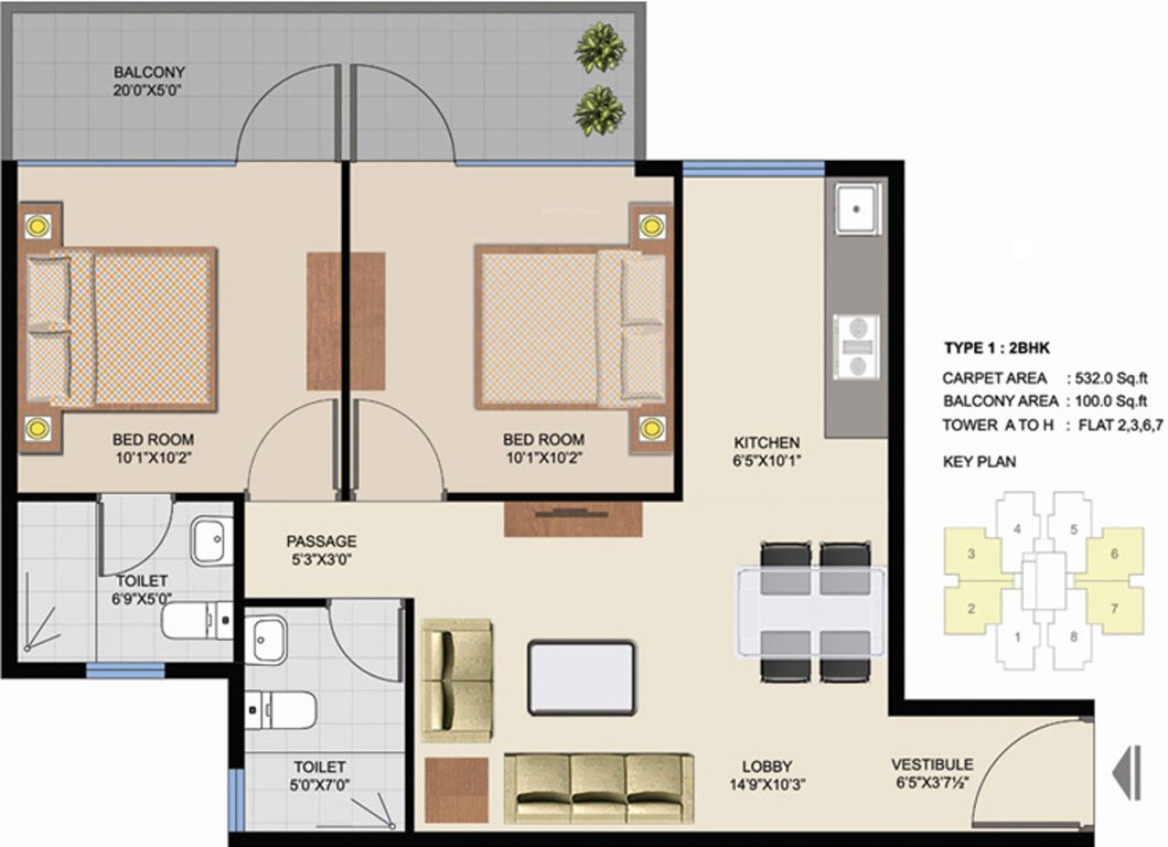 Suncity Avenue 102 (2BHK+2T (632 sq ft) 632 sq ft)