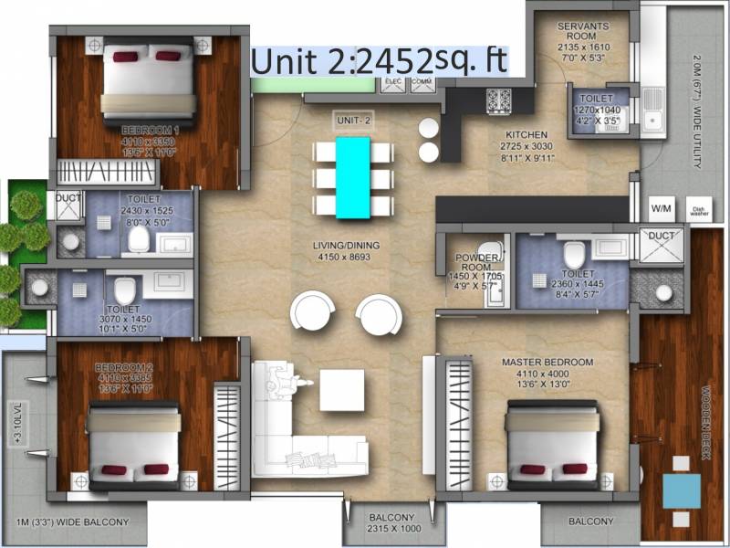 Vaishnavi Blue Square (3BHK+4T (2,452 sq ft)   Servant Room 2452 sq ft)