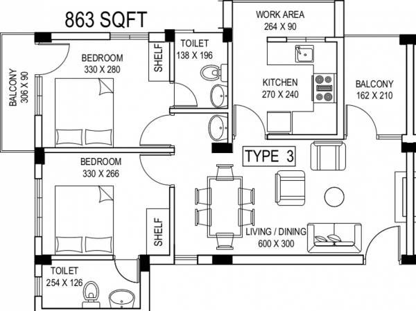 Floor Plan (2BHK+2T (863 sq ft) 863 sq ft) Sterling Projects Lotus Floor Plan (2BHK+2T (863 sq ft) 863 sq ft)