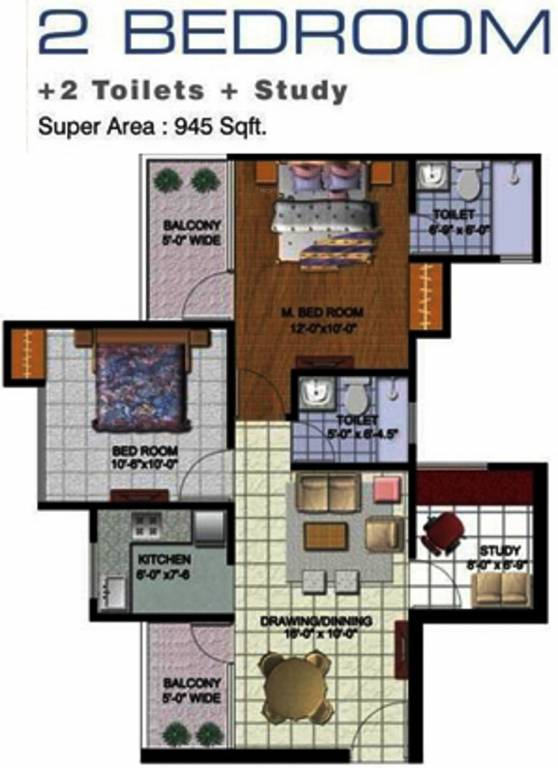 Yatharth Delhi Heights (2BHK+2T (945 sq ft)   Study Room 945 sq ft)